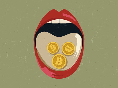 cartoon mouth with bitcoin pills on tongue crypto trading addiction