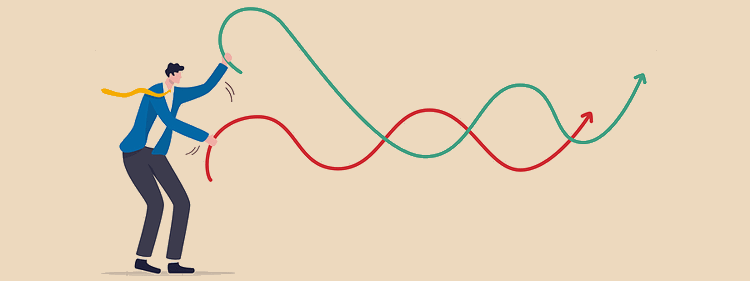 man holding a positive and negative graph lines like whips