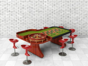 meja roulette khusus dengan kursi merah yang unik